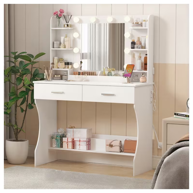 Lifewit Vanity with Mirror and Lights,Festive Decor and Gift, Adjustable Color/Brightness, 2 Power Outlets/ 2 USB Ports, White Makeup Desk with Storage Stool, 8 Open Shelves, 2 Drawers, 2 Lipstick Holders, Bottom Shelf for Halloween Decor Christmas Cheer