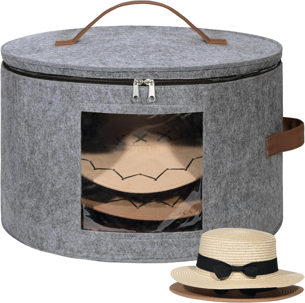 Lifewit Round Cowboy Hat Box for 7 Caps, Large Felt Hat Organizer Bag for Men&Women Storage, Baseball Cap Container with Dustproof Lid for Travel, Foldable 16.5"Dx10.6"H Carrier, 37L Each, Gray 1 Pack