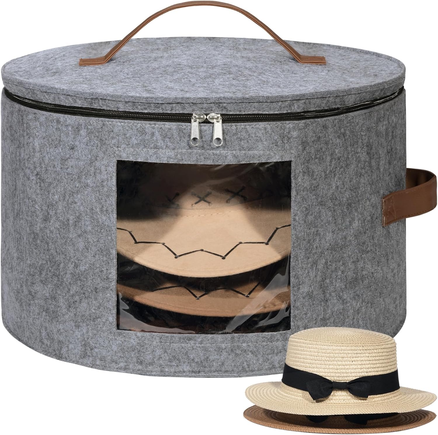 Lifewit Round Cowboy Hat Box for 7 Caps, Large Felt Hat Organizer Bag for Men&Women Storage, Baseball Cap Container with Dustproof Lid for Travel, Foldable 16.5"Dx10.6"H Carrier, 37L Each, Gray 1 Pack