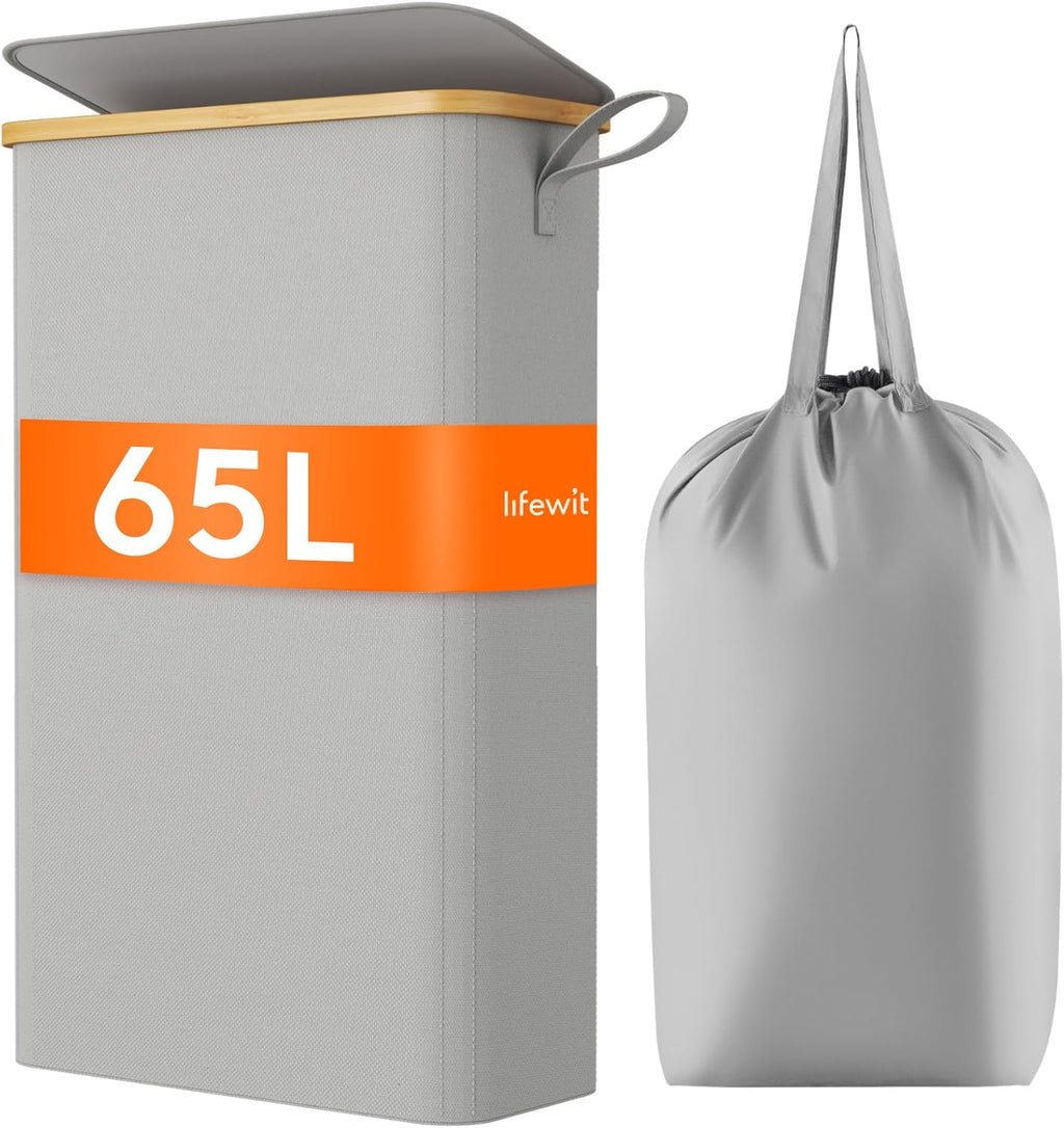 Lifewit 65L Slim Laundry Hamper with Lid, Narrow Laundry Basket with Removable Bag & Bamboo Handles, Fodable Thin Dirty Clothes Hamper for Laundry Collapsible Bin for Bathroom Bedroom Dorm, Silver Grey