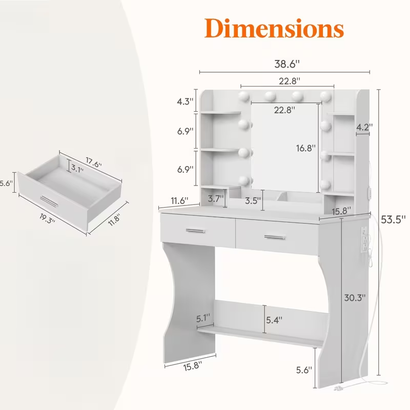 Lifewit Vanity with Mirror and Lights,Festive Decor and Gift, Adjustable Color/Brightness, 2 Power Outlets/ 2 USB Ports, White Makeup Desk with Storage Stool, 8 Open Shelves, 2 Drawers, 2 Lipstick Holders, Bottom Shelf for Halloween Decor Christmas Cheer