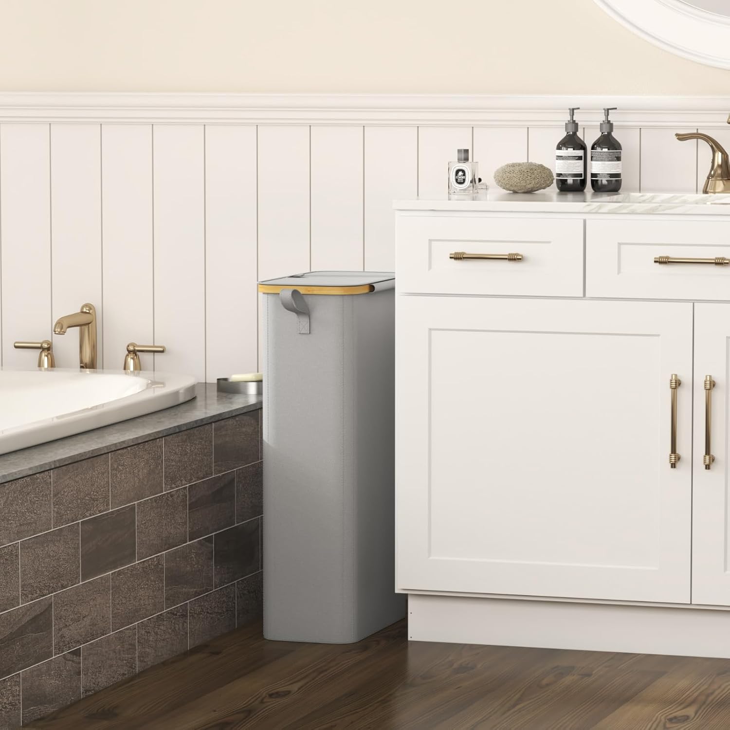 Lifewit 65L Slim Laundry Hamper with Lid, Narrow Laundry Basket with Removable Bag & Bamboo Handles, Fodable Thin Dirty Clothes Hamper for Laundry Collapsible Bin for Bathroom Bedroom Dorm, Silver Grey