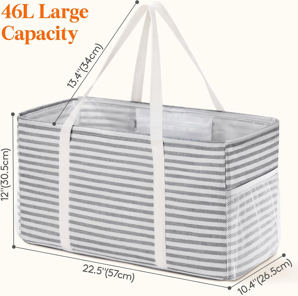 Lifewit Extra Large Tote Bag, Reusable Grocery Bags with Metal Wire Frame and Handles, Standing Utility Foldable Shopping Bags for Storage, Picnics, Beach, Laundry, Car, 46L, 1 Pack, Gray