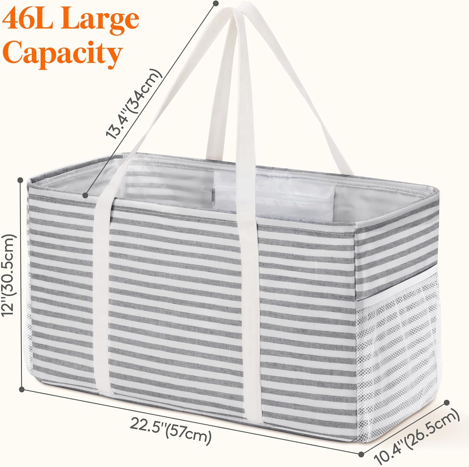 Lifewit Extra Large Tote Bag, Reusable Grocery Bags with Metal Wire Frame and Handles, Standing Utility Foldable Shopping Bags for Storage, Picnics, Beach, Laundry, Car, 46L, 1 Pack, Gray