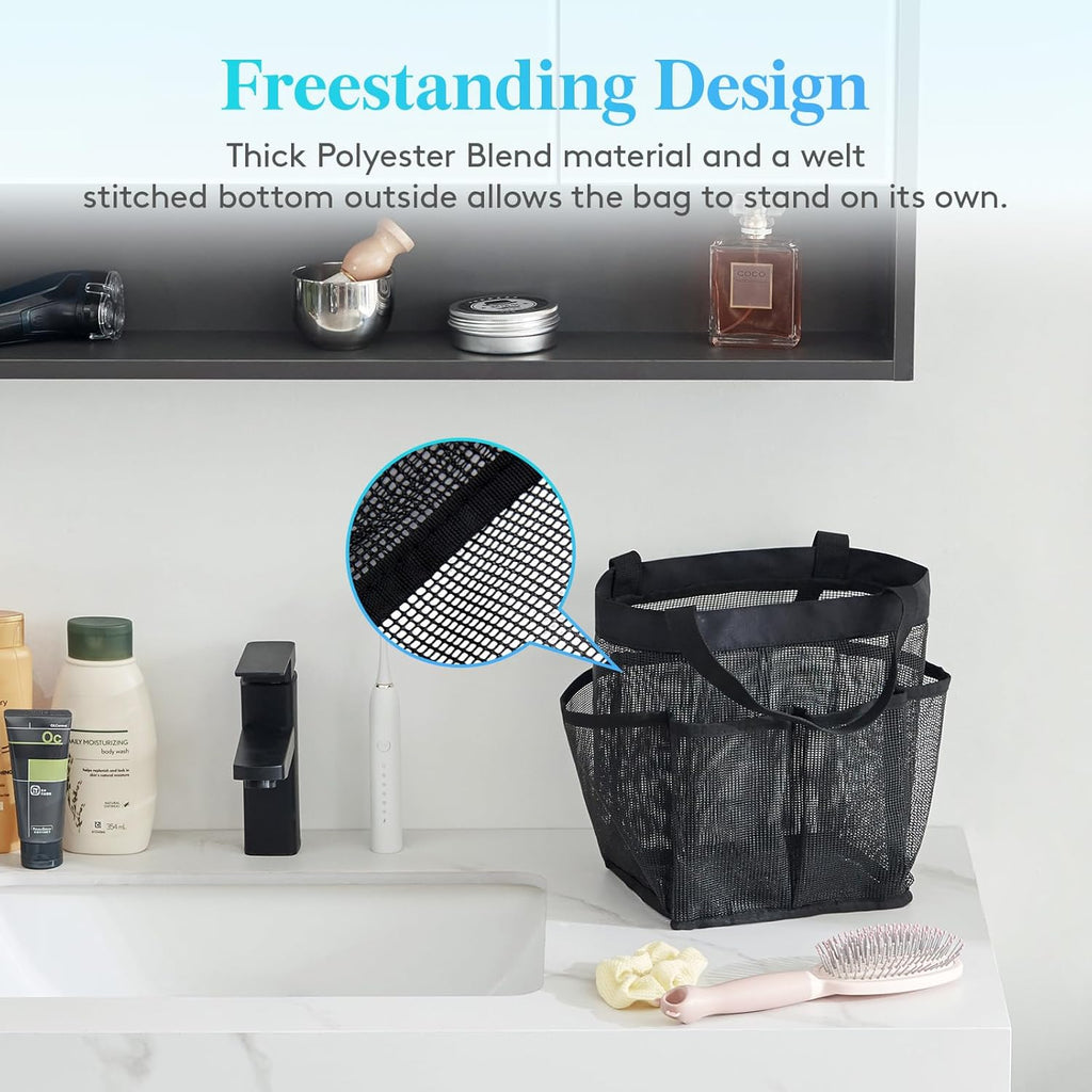 Lifewit Mesh Shower Caddy Portable for College Dorm Room Essentials with 7 Pockets, Freestanding Hanging Organizer Basket, Quick Dry Tote Bag for Camping, Bathroom, Beach, Travel, 1 Pack, Black