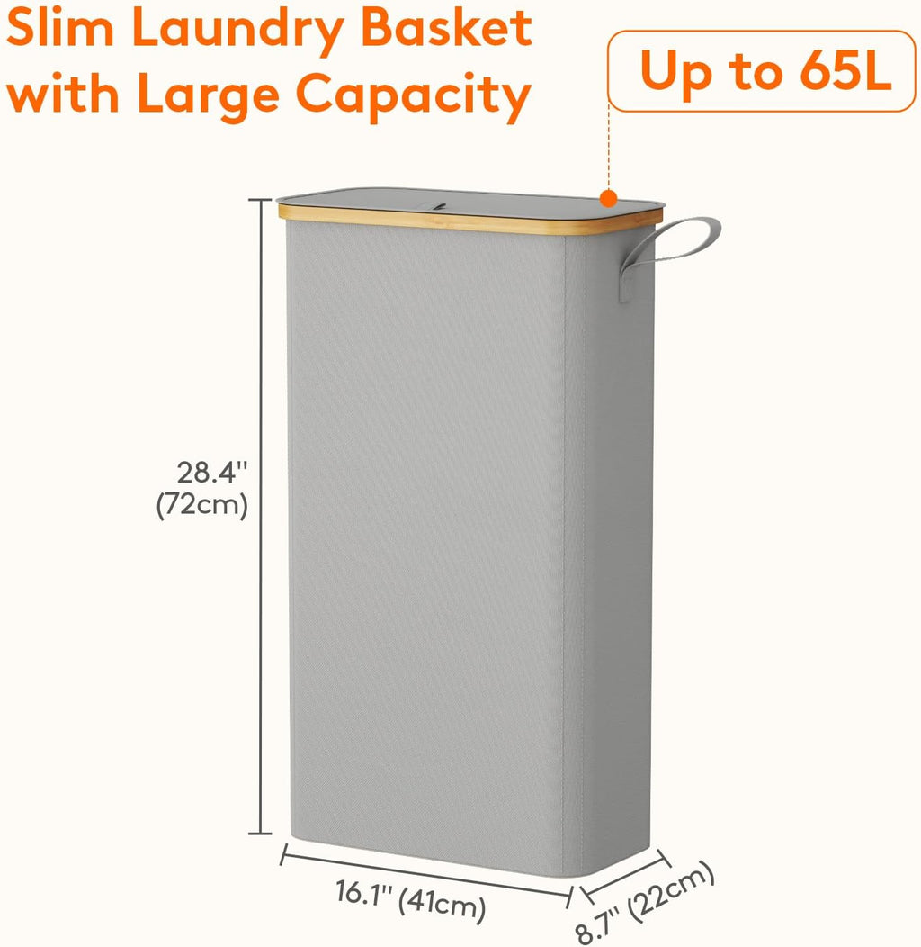 Lifewit 65L Slim Laundry Hamper with Lid, Narrow Laundry Basket with Removable Bag & Bamboo Handles, Fodable Thin Dirty Clothes Hamper for Laundry Collapsible Bin for Bathroom Bedroom Dorm, Silver Grey
