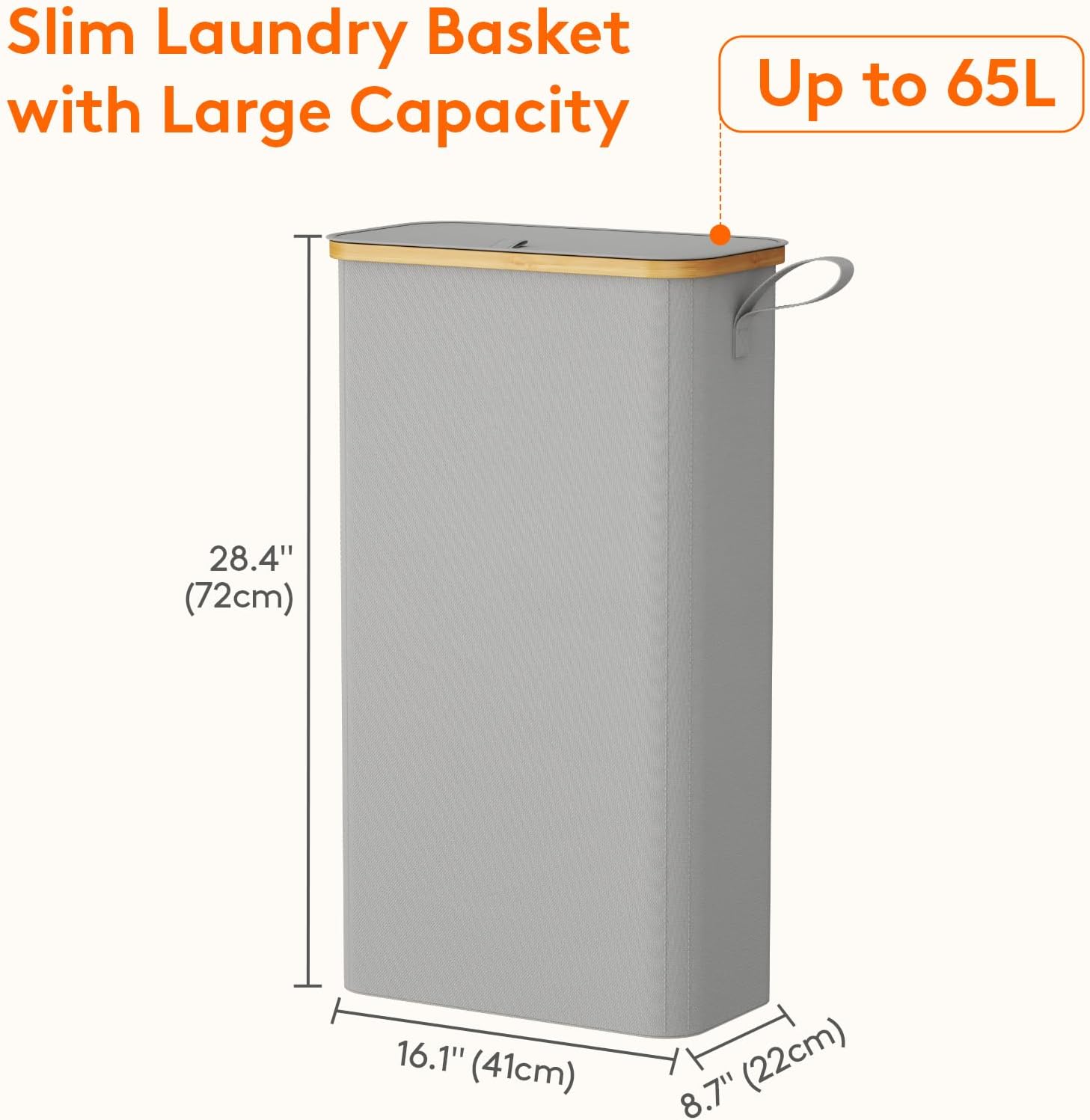 Lifewit 65L Slim Laundry Hamper with Lid, Narrow Laundry Basket with Removable Bag & Bamboo Handles, Fodable Thin Dirty Clothes Hamper for Laundry Collapsible Bin for Bathroom Bedroom Dorm, Silver Grey