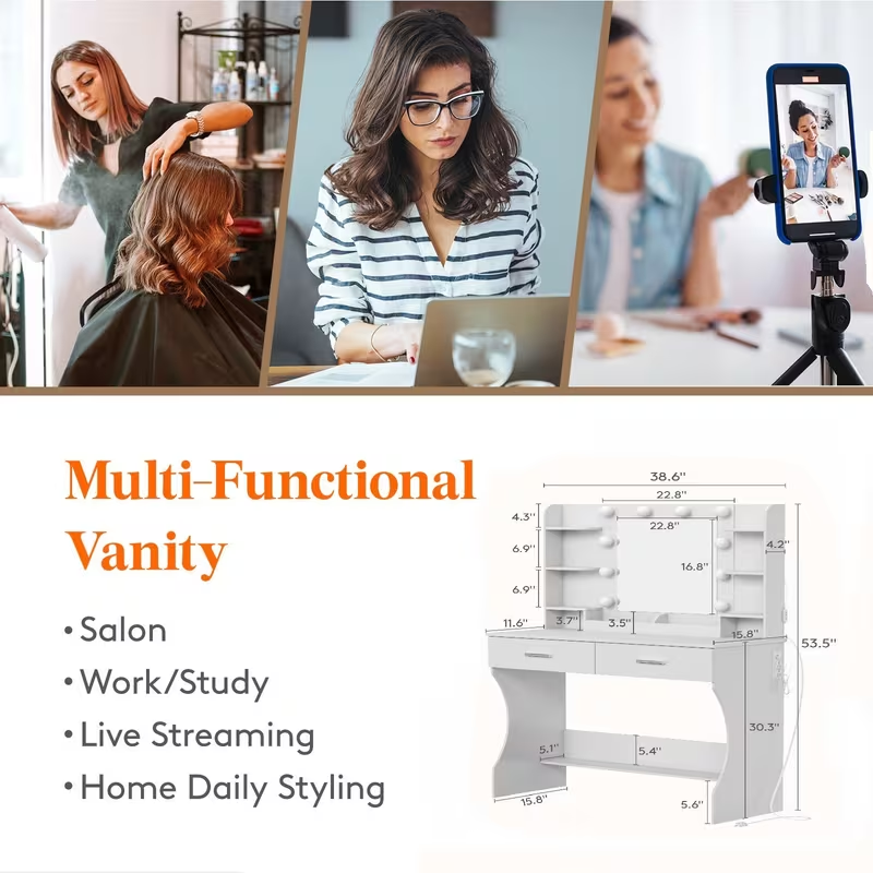 Lifewit Vanity with Mirror and Lights,Festive Decor and Gift, Adjustable Color/Brightness, 2 Power Outlets/ 2 USB Ports, White Makeup Desk with Storage Stool, 8 Open Shelves, 2 Drawers, 2 Lipstick Holders, Bottom Shelf for Halloween Decor Christmas Cheer