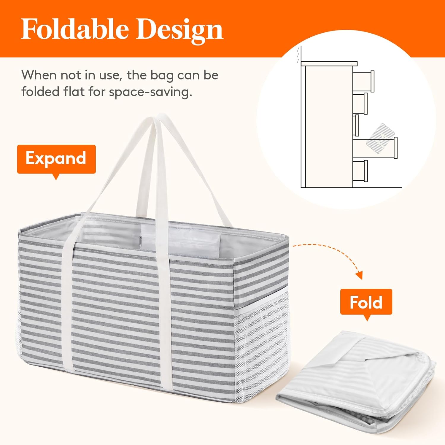 Lifewit Extra Large Tote Bag, Reusable Grocery Bags with Metal Wire Frame and Handles, Standing Utility Foldable Shopping Bags for Storage, Picnics, Beach, Laundry, Car, 46L, 1 Pack, Gray