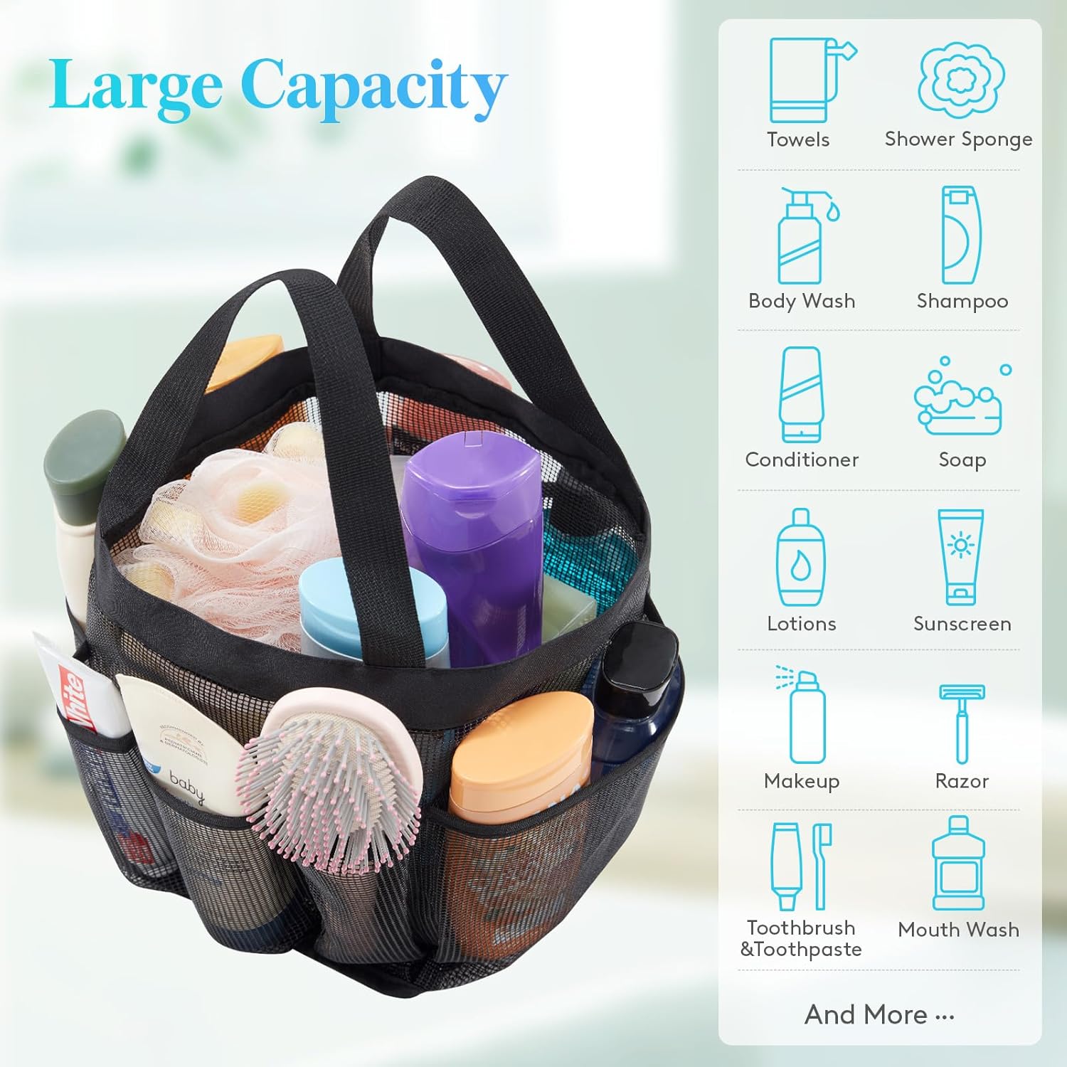 Lifewit Mesh Shower Caddy Portable for College Dorm Room Essentials with 7 Pockets, Freestanding Hanging Organizer Basket, Quick Dry Tote Bag for Camping, Bathroom, Beach, Travel, 1 Pack, Black