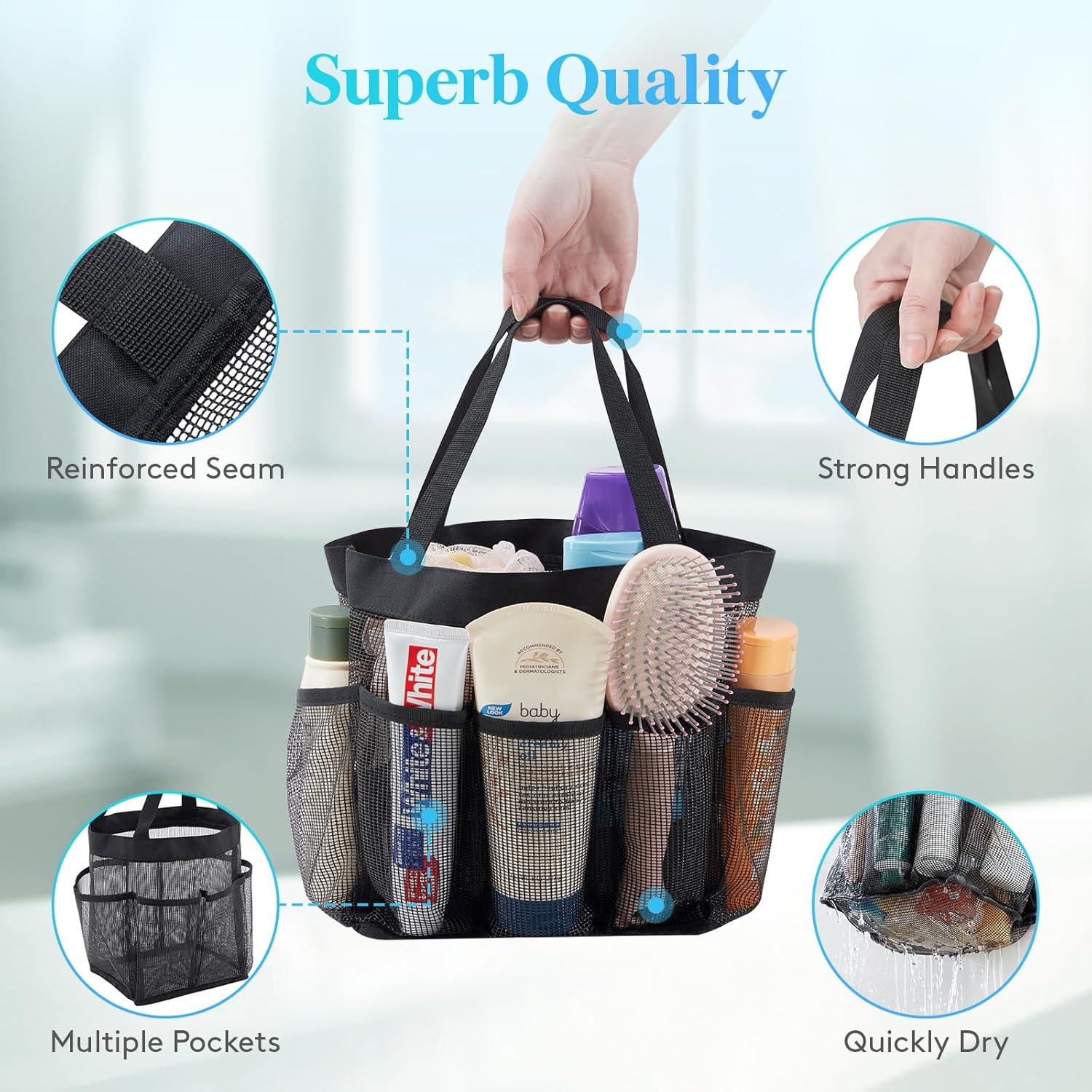 Lifewit Mesh Shower Caddy Portable for College Dorm Room Essentials with 7 Pockets, Freestanding Hanging Organizer Basket, Quick Dry Tote Bag for Camping, Bathroom, Beach, Travel, 1 Pack, Black