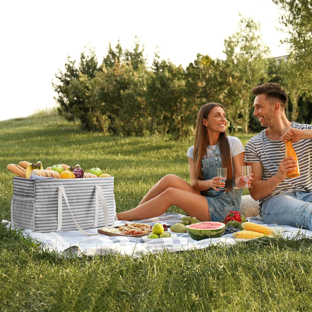 Lifewit Extra Large Tote Bag, Reusable Grocery Bags with Metal Wire Frame and Handles, Standing Utility Foldable Shopping Bags for Storage, Picnics, Beach, Laundry, Car, 46L, 1 Pack, Gray