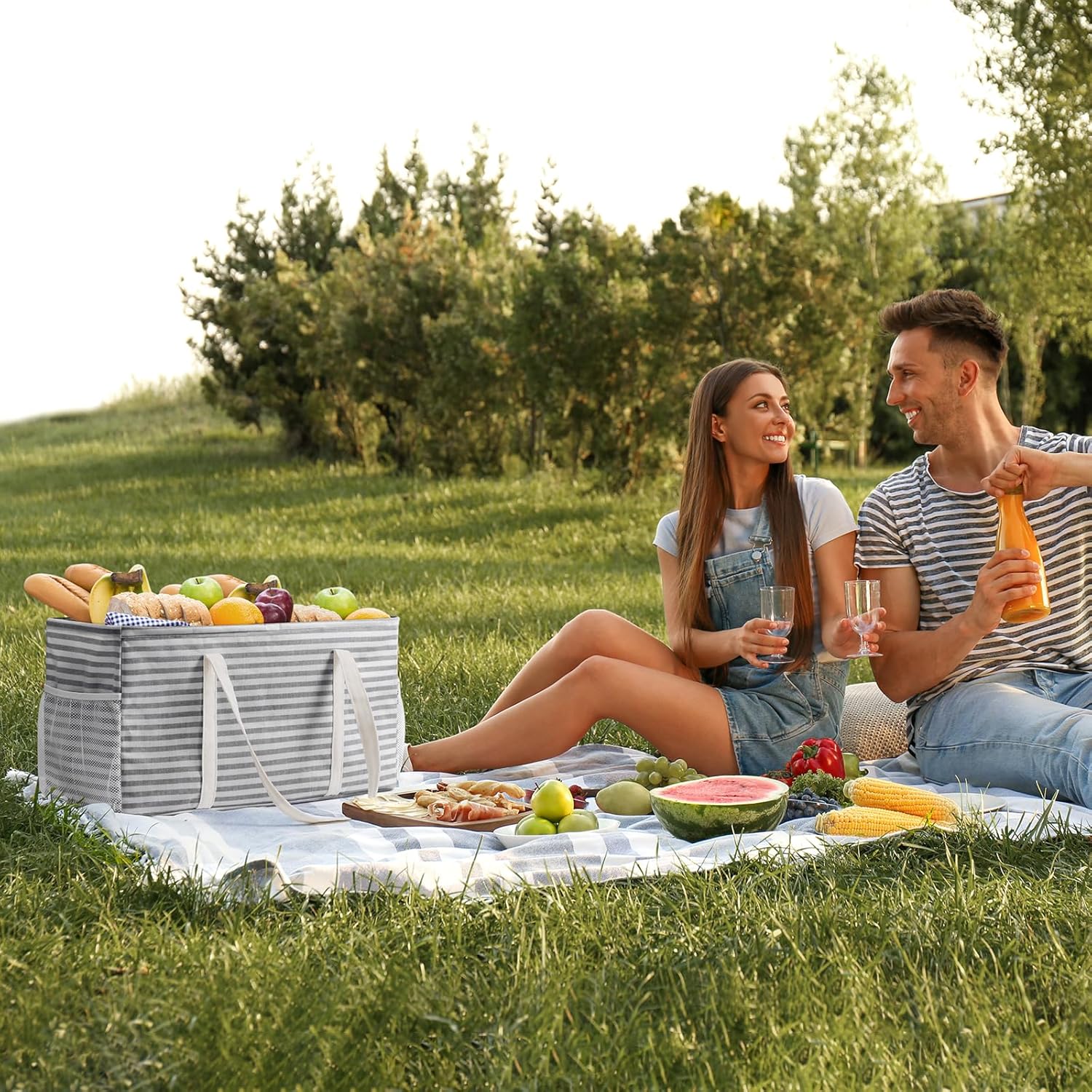 Lifewit Extra Large Tote Bag, Reusable Grocery Bags with Metal Wire Frame and Handles, Standing Utility Foldable Shopping Bags for Storage, Picnics, Beach, Laundry, Car, 46L, 1 Pack, Gray